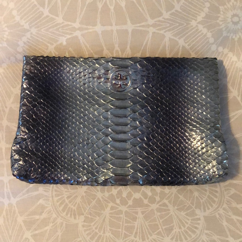 Tory Burch Metallic Navy Python-Embossed Clutch